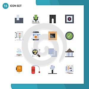 Universal Icon Symbols Group of 16 Modern Flat Colors of monitoring, city, baby, product, box