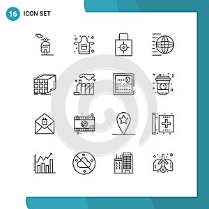 Universal Icon Symbols Group of 16 Modern Outlines of aggregation, transport, protect, shopping, logistic