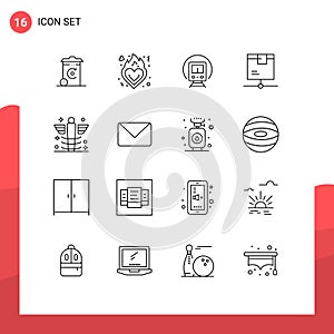 Universal Icon Symbols Group of 16 Modern Outlines of care, product, cortege, network, delivery