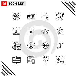 Universal Icon Symbols Group of 16 Modern Outlines of iot, internet, musical, laptop, baby stuff