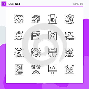 Universal Icon Symbols Group of 16 Modern Outlines of time, work, buckle, team, business