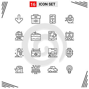 Universal Icon Symbols Group of 16 Modern Outlines of world, server, investment, locked, wifi