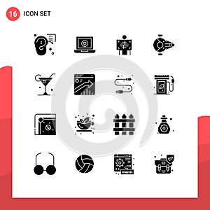 Universal Icon Symbols Group of 16 Modern Solid Glyphs of spacecraft, interceptor, love, fighter, radiology