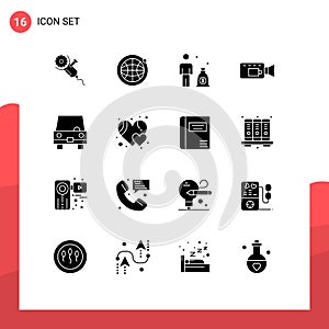 Universal Icon Symbols Group of 16 Modern Solid Glyphs of transportation, taxi, business, filled, camera