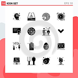 Universal Icon Symbols Group of 16 Modern Solid Glyphs of watch, clock, tray, bell, scince