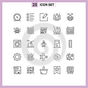 Universal Icon Symbols Group of 25 Modern Lines of bug, bee insect, compose, internet of things, connections