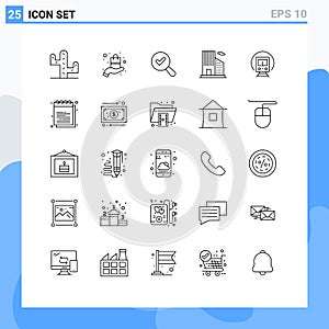 Universal Icon Symbols Group of 25 Modern Lines of education, transport, view, tramway, cortege