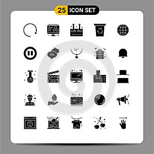 Universal Icon Symbols Group of 25 Modern Solid Glyphs of media, world, lab glassware, globe, journey