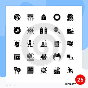 Universal Icon Symbols Group of 25 Modern Solid Glyphs of money, business, video, recreations, float