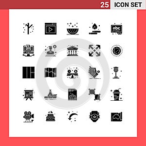 Universal Icon Symbols Group of 25 Modern Solid Glyphs of water, droop, media page, slice, food