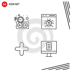 Universal Icon Symbols Group of 4 Modern Filledline Flat Colors of budget estimate, add, time, bug, plus