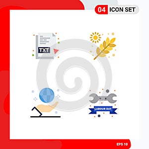 Universal Icon Symbols Group of 4 Modern Flat Icons of txt, global, file, garden, hand