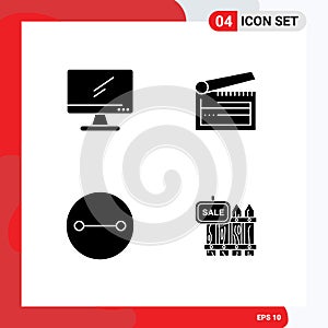 Universal Icon Symbols Group of 4 Modern Solid Glyphs of computer, clapperboard, imac, board, beliefs
