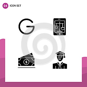 Universal Icon Symbols Group of 4 Modern Solid Glyphs of gulden, dollar, crypto currency, law, amearican