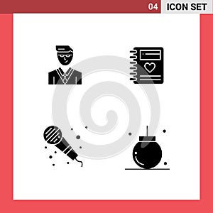 Universal Icon Symbols Group of 4 Modern Solid Glyphs of man, mic, student, heart, ball