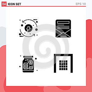 Universal Icon Symbols Group of 4 Modern Solid Glyphs of process, money, eco, email newsletter, money