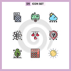 Universal Icon Symbols Group of 9 Modern Filledline Flat Colors of atom, science, spa, chemistry, weather