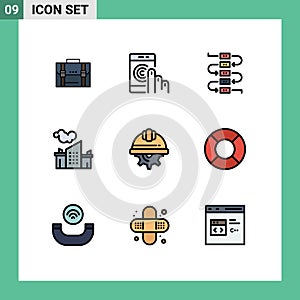 Universal Icon Symbols Group of 9 Modern Filledline Flat Colors of landscape, factory, contact, virtuoso, music