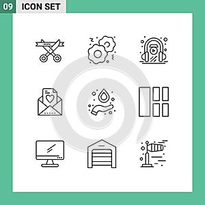 Universal Icon Symbols Group of 9 Modern Outlines of collage, hydrogen, headphone, formula, love