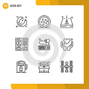 Universal Icon Symbols Group of 9 Modern Outlines of hand, keyboard, down, accessories, video