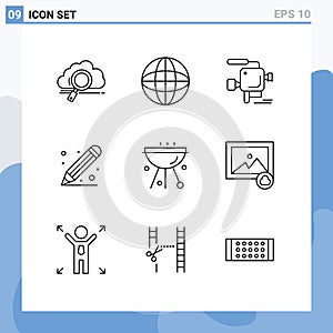 Universal Icon Symbols Group of 9 Modern Outlines of pencil, ruler, equipment, education, film