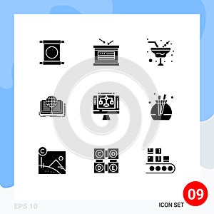 Universal Icon Symbols Group of 9 Modern Solid Glyphs of data sharing, story, champaign, book, writing
