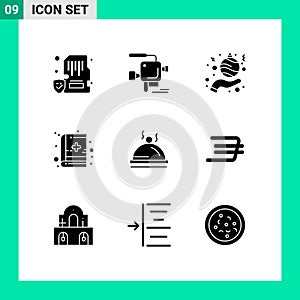 Universal Icon Symbols Group of 9 Modern Solid Glyphs of dish, medical education, film camera, medical book, hand