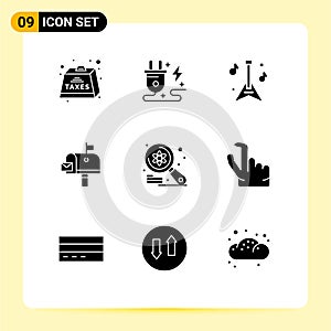 Universal Icon Symbols Group of 9 Modern Solid Glyphs of examine, postoffice, nature, mail box, mail