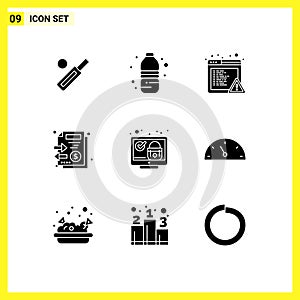 Universal Icon Symbols Group of 9 Modern Solid Glyphs of screen, money, drink, stack, documents