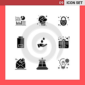 Universal Icon Symbols Group of 9 Modern Solid Glyphs of status, devices, human, battery, secure