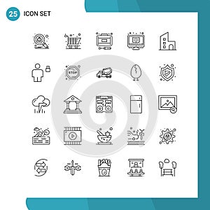 Universal Icon Symbols Group of 25 Modern Lines of building, monitor, recuperation, education, online photo