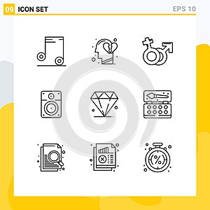 Universal Icon Symbols Group of 9 Modern Outlines of jewl, education, venus, music, speaker