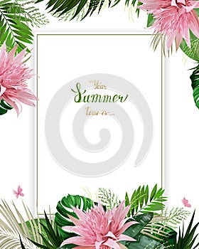 Universal invitation, congratulation card with green tropical palm, monstera leaves and Aechmea blooming flowers on the