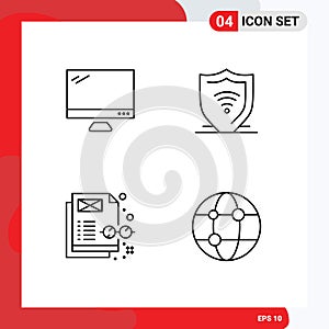 4 Universal Line Signs Symbols of computer, concept, imac, internet security, content management photo