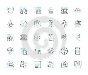 Universal linkage linear icons set. Connectivity, Compatibility, Versatility, Interconnectivity, Adaptability, Union