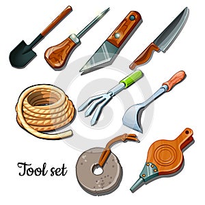 The universal set of tools and fixtures is isolated on a white background. Cartoon vector illustration close-up.