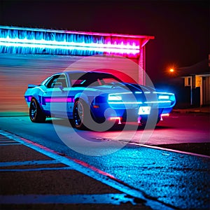 Universal Sports Car of Blue Color in the Dark. Supersport Car Parked on a Cyberpunk City Street Illuminated with Neon Lights. photo