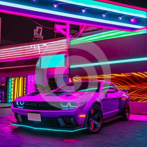 Universal Sports Car of Pink Color in the Dark. Supersport Car Parked on a Cyberpunk City Street Illuminated with Neon Lights. photo