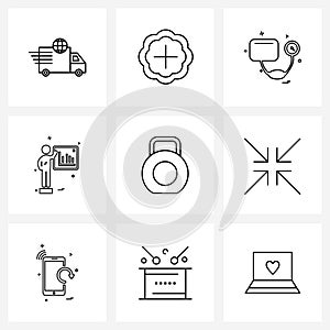 Universal Symbols of 9 Modern Line Icons of expand, sports, hospital, weight, presentation