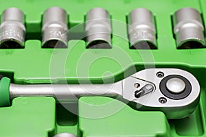 Universal tool set for car repair. Set of tools for car repair in box. Close-up