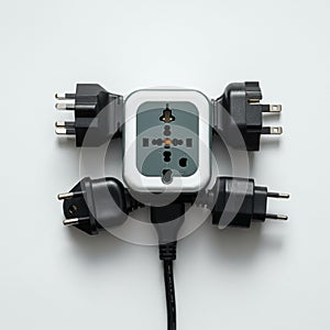 Universal travel adapter with multiple socket types is connected to various