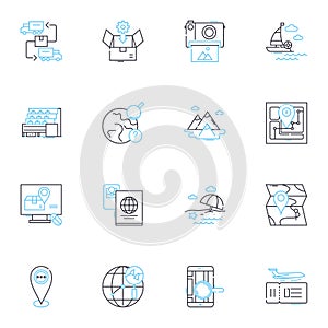 Universal travel linear icons set. Explore, Adventure, Culture, Destination, Discovery, Expedition, Freedom line vector