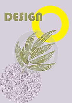 Universal trend poster juxtaposed with bright bold geometric leaves foliage yellow elements composition. Background in restrained