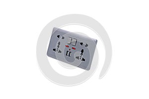 Universal wall outlet AC power plug with USB 5.0V DC output socket.