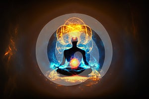 Universe cosmos. Meditation background yoga lotus pose, chakras, prana,