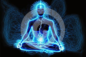 Universe cosmos. Meditation background yoga lotus pose, chakras, prana, photo