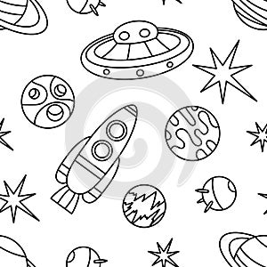 The universe, the cosmos. Seamless pattern. Doodles of planets, stars, spaceships, and satellites. Vector background