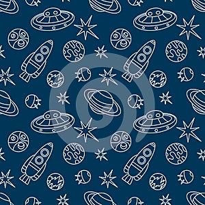 The universe, the cosmos. Seamless pattern. Doodles of planets, stars, spaceships, and satellites. Vector black and white