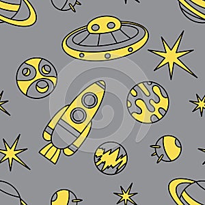 The universe, the cosmos. Seamless pattern. Doodles of planets, stars, spaceships, and satellites. Vector grey and yellow