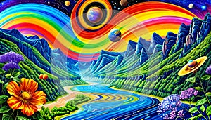 Universe galaxy planet rotation sun ray rainbow color energy mountain river